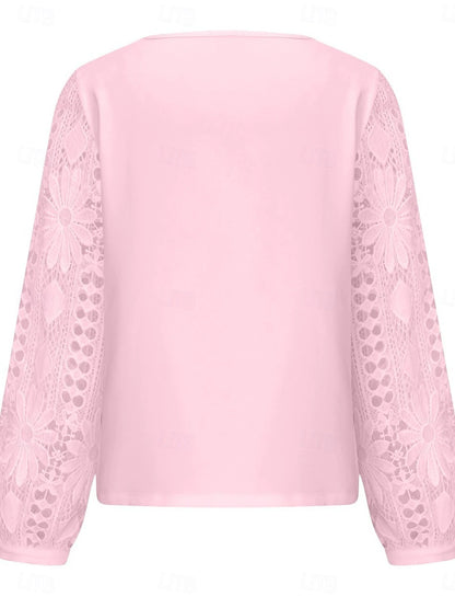 Women's White Elegant Lace Tops Eyelet Blouse Casual Solid Color Regular Tops Long Sleeve Asymmetrical Lace Patchwork Regular Fit Daily Black White Pink Romantic Petite Tops Summer Holiday Wear